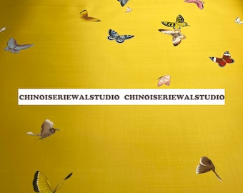 Butterflies Wallpaper Hand Painted Wallpaper on yellow slub silk - Accept Customs