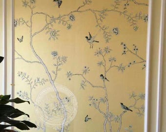 Hand Painted Wallpaper Chinoiserie Bird Floral Wall Mural, Luxury Custom Wallpaper, Traditional Chinese Botanical Decor, Embroidery Option