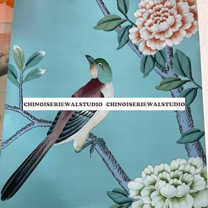 Sample for Chinoiserie Panels Hand painted Wallpapers on Blue Silk 12&quot;x16&quot; - Accept Custom Sizes