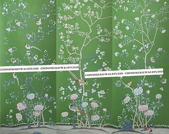 Chinoiserie Murals Chinoiserie Panels Hand painted Wallpapers on Emerald Green Silk 36"x96"/panel - Accept Custom Sizes
