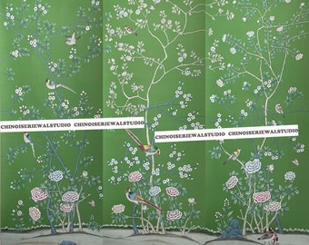 Murales Chinoiserie Paneles Chinoiserie Papeles pintados a mano sobre seda verde esmeralda - Aceptamos tamaños personalizados