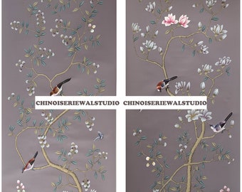IN STOCK for immediate delivery: Chinoiserie Hand painted chinoiserie wallpapers on Silk with partial embroidery 31"x79"/panel