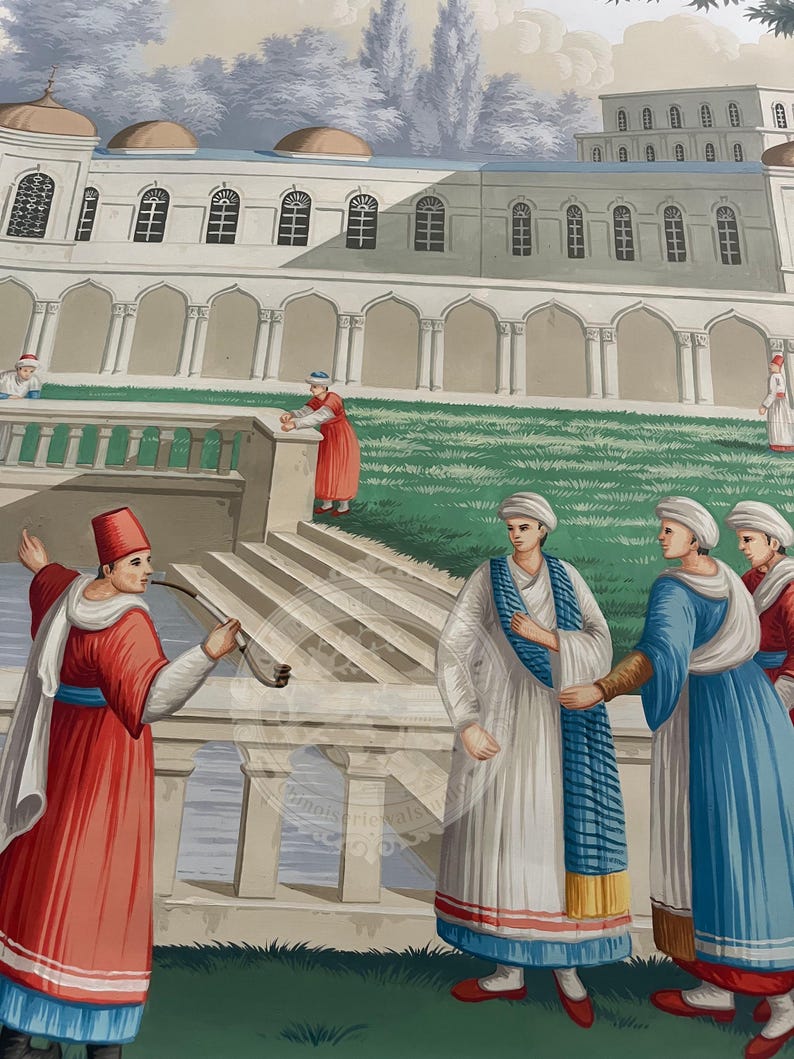Puede incluir: Un mural antiguo que representa una escena hist&oacute;rica con figuras vestidas con trajes tradicionales. La obra de arte presenta un gran edificio con ventanas arqueadas y un c&eacute;sped verde. Las figuras visten t&uacute;nicas rojas, blancas y azules.