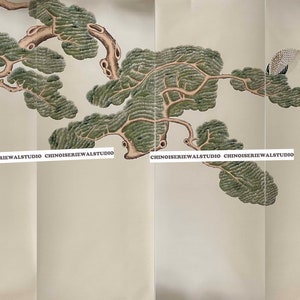 Pini con gru Carte da parati Chinoiserie Pannelli Opere dipinte a mano su seta 36"x96"/pannello con ricamo parziale