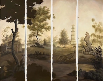 Panoramic Mural Landscape Wallpaper Hand Painted Wallpaper 20.7" X 82.7"/Panel - Price for 4 Panels