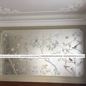 Chinoiserie Mural Fondos de pantalla pintados a mano en hoja de plata 36 "x80"/panel - Acepte tamaños personalizados
