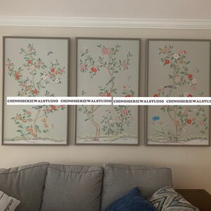 Custom Chinoiserie Panels Hand painted Wallpapers on Blue grey Silk 30&quot;x48&quot;/panel - Price for 3 unframed panels