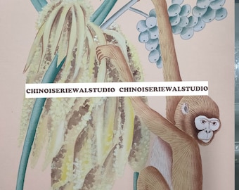 Monkey Chinoiserie Wallpaper | Chinoiserie Panel Artworks | Hand Painted Wallpaper on Pink Silk (12"x16")