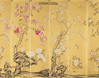 Magnolia Mural Hand Chinoiserie Wallpaper Panels on Silk 18.7" X 78.7"/Panel - Price for 8 Panels