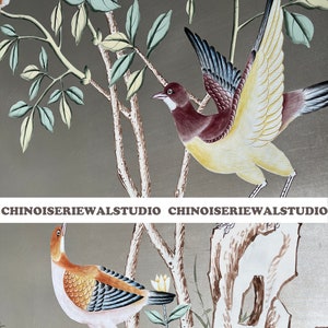 Chinoiserie Mural Hand painted Wallpapers on Silver Leaf gilded silk - Accept Custom Sizes