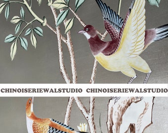 Chinoiserie Mural Hand painted Wallpapers on Silver Leaf gilded silk - Accept Custom Sizes