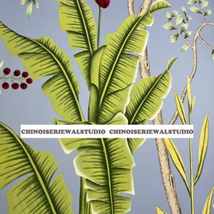 Tropical Chinoiserie Hand painted Wallpapers on Blue Silk - Accept Custom Sizes