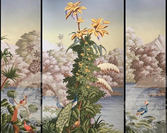 Arte de parede pintada à mão com pavão e pássaros coloridos, decoração de parede com paisagem serena de rio na selva para sala de estar, mural de papel de parede de paraíso tropical