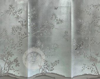 Hand Painted Chinoiserie Wallpaper on Silver Leaf, Bamboo & Bird Mural, Luxury Metallic Oriental Wall Panels, Custom Asian Style Wall Decor