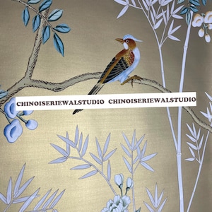 Chinoiserie Murals Chinoiserie Panels Hand painted Wallpapers on Metallic Silk - Accept Custom Sizes