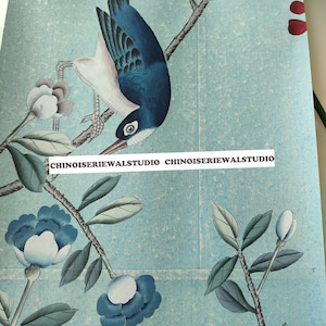 Esempio di carta da parati dipinta a mano Chinoiserie su carta da tè blu 12"x16" - Accetta dimensioni personalizzate