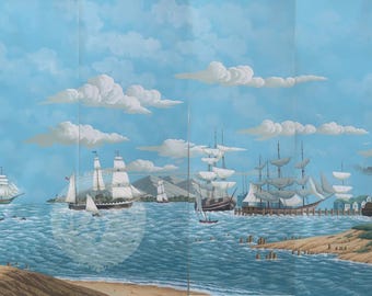 Tapeta z ręcznie malowanym krajobrazem marynistycznym, widok na port w stylu vintage z wysokimi statkami, panele ścienne z widokiem na wybrzeże do salonu i jadalni