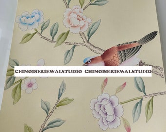 Chinoiserie Mural | Chinoiserie Panel | Hand Painted Wallpaper on ivory silk 12"x16" | chinoiserie decor artwork | home decor artworks