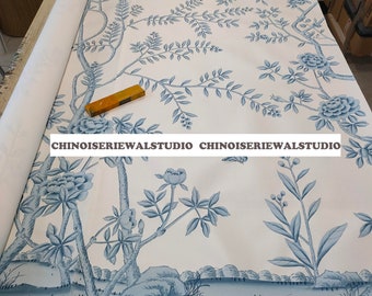 Blue Chinoiserie Wallpapers Chinoiserie Panels Hand painted Artworks on White Silk - Accept Custom Sizes
