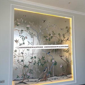 Chinoiserie Mural Hand painted Wallpapers on Champagne Leaf 36&quot;x96&quot;/panel - Accept Custom Sizes