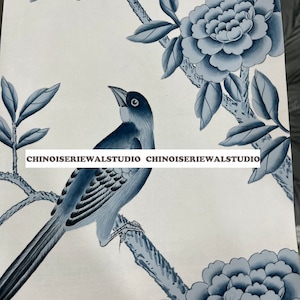 Esempio per BLUE Chinoiserie Carta da parati dipinta a mano su seta bianca 12 "x16" - Accetta dimensioni personalizzate