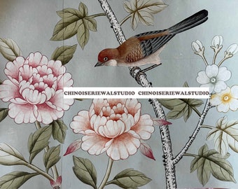 Chinoiserie Wallpaper | Chinoiserie Hand-Painted Mural | Floral Bird Design Artworks on Blue Tea Paper | Chinoiserie decor art