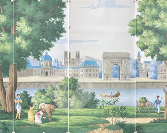 Mural pintado à mão com paisagem campestre francesa, cena panorâmica parisiense vintage, arte de parede ocidental personalizada em estilo Chinoiserie para decoração elegante de casa.