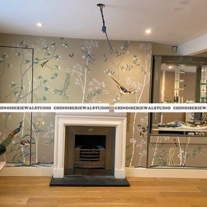 Chinoiserie Panels Hand painted Wallpapers on Metallic Silk - Accept Custom Sizes