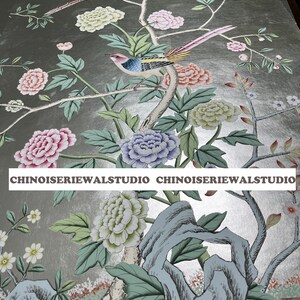 Silver Leaf Chinoiserie Panel Handpainted Wallpapers 36&quot;x59&quot;/panel - Accept Custom Sizes