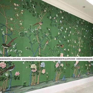 Papeles pintados estilo chinoiserie. Paneles estilo chinoiserie. Obras de arte pintadas a mano sobre seda verde esmeralda. Panel de 91 x 244 cm. Se aceptan tamaños personalizados.