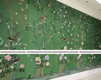 Panel de papel pintado chinoiserie de seda verde esmeralda: obra de arte pintada a mano