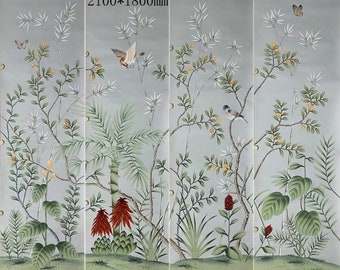 Chinoiserie Mural Hand Painted Wallpaper on Silk 20.7" X 70.8"/Panel - Price for 4 Panels