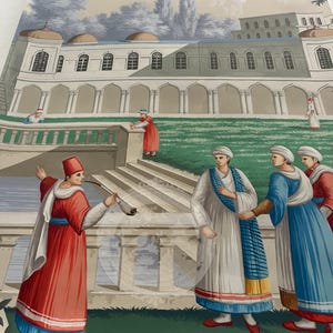 Puede incluir: Ilustraci&oacute;n detallada de una escena hist&oacute;rica con figuras vestidas con trajes tradicionales. La obra de arte representa un gran edificio con ventanas arqueadas y un c&eacute;sped verde. Figuras con t&uacute;nicas rojas, blancas y azules interact&uacute;an.