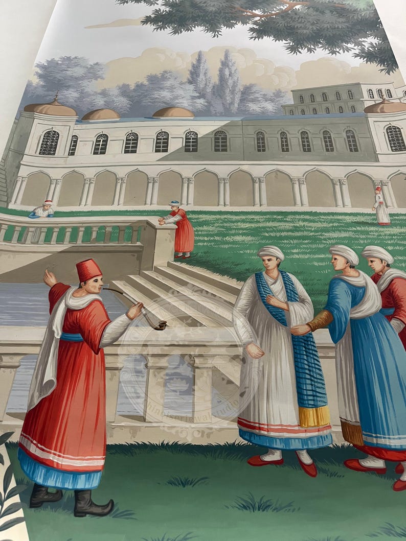 Puede incluir: Ilustraci&oacute;n detallada de una escena hist&oacute;rica con figuras vestidas con trajes tradicionales. La obra de arte representa un gran edificio con ventanas arqueadas y un c&eacute;sped verde. Figuras con t&uacute;nicas rojas, blancas y azules interact&uacute;an.