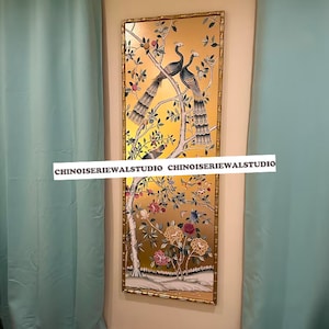 Pannello cineserie di pavone Sfondi dipinti a mano su pannello rosa metallizzato 24"x71" - Accetta dimensioni personalizzate