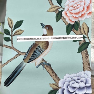 Sample for Chinoiserie Panels Hand painted Wallpapers on Baby Blue Silk 12&quot;x16&quot; - Accept Custom Sizes