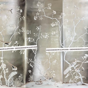 Chinoiserie Panels Hand painted Wallpapers on Silver Leaf 36&quot;x96&quot;/panel - Accept Custom Sizes