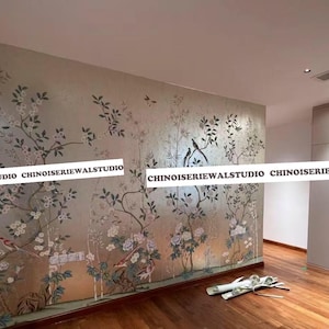 Chinoiserie Mural Hand painted Wallpapers on Antiqued Silver Leaf 36&quot;x96&quot;/panel - Accept Custom Sizes