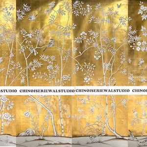 Chinoiserie Panel Hand painted Wallpapers on Gold Metallic 36&quot;x96&quot;/panel - Accept Custom Sizes