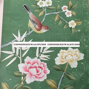 Beispiel für Chinoiserie Handbemalte Tapete auf smaragdgrünem Teepapier 12"x16" - Passgenaue Größe akzeptieren