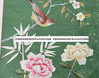 Muestra de lujo de arte mural chinoiserie / Papel pintado chinoiserie pintado a mano sobre papel verde esmeralda, diseño floral con pájaros (12"x16")