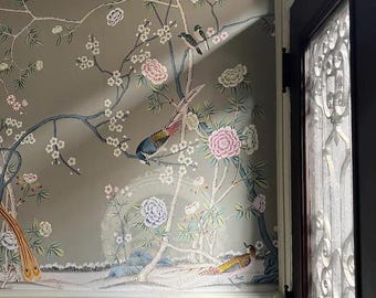 Custom Hand Painted Chinoiserie Silk Wallpaper | Botanical Birds & Flowers Mural | Luxury Wall Art for Living Room/Bedroom