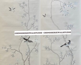 Chinoiserie Wallpaper Chinoiserie Panel Hand painted Artworks with partial embroidery on light grey Silk 36"x96"/panel - Price for ONE Pair