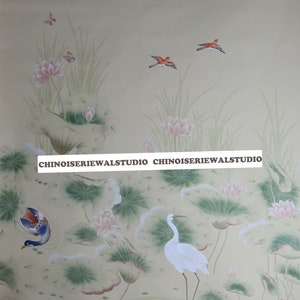 Lotus wallpaper Hand painted Wallpapers on Silk 36&quot;x96&quot;/panel - Accept Custom Sizes