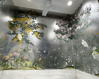 Hand Painted Chinoiserie Mural on Silver Leaf, Custom Lotus Egret Wallpaper, Luxury Handmade Silver Metallic Wall Art for Bathroom