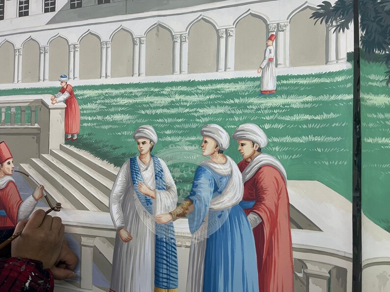 Papel pintado de estilo europeo pintado a mano, mural paisajístico del Grand Tour, escena de palacio y jardín históricos, paneles de pared de lujo personalizados para sala de estar. imagen 2