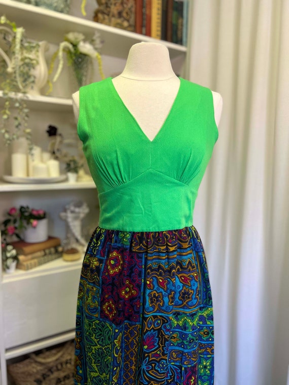 60s Vintage Lime Green Psychedelic Maxi Dress