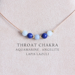 Puede incluir: Un collar de piedras preciosas azul claro, azul y azul oscuro en un cordón de cuero marrón. El collar está en un expositor de madera. El texto "THROAT CHAKRA AQUAMARINE: ANGELITE LAPIS LAZULI" está debajo del collar.