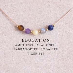 May include: A necklace with six gemstone beads in shades of brown, purple, yellow, grey, blue, and gold. The necklace is on a wooden display stand. The text "EDUCATION" is printed below the necklace, followed by the names of the gemstones: "AMETHYST, ARAGONITE, LABRADORITE, SODALITE, TIGER EYE."