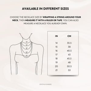 May include: Diagram illustrating necklace sizes. Text reads "AVAILABLE IN DIFFERENT SIZES" and provides instructions on measuring neck size. A chart shows necklace lengths in inches and centimeters, ranging from 14 inches (35.5 cm) to 21 inches (53 cm).